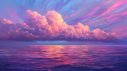 Dramatic purple and pink clouds suspended above a serene ocean at twilight, casting a vibrant glow on the water