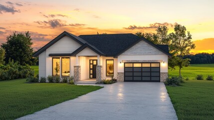 A modern single-story house in off-white and light gray tones
