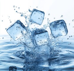 Splashing Ice Cubes in Water with Refreshing Droplets and Transparent Crystals
