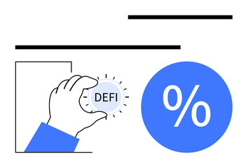 Hand holding coin labeled DeFi next to large percentage symbol. Ideal for digital finance, cryptocurrency, decentralized finance, financial technology, investment strategies, economic growth