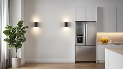A modern space with matte white cabinets, silver appliances, and warm honey oak flooring