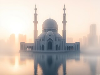 Naklejka premium Sunrise Mosque Cityscape Reflection Peaceful Dawn