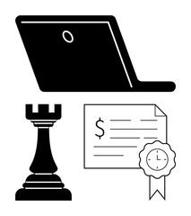 Laptop representing technology, rook chess piece symbolizing strategy, certificate with ribbon and dollar sign indicating achievement and financial success. Ideal for business planning, career