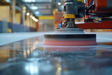 Fototapeta premium Close-up of a floor polishing machine in operation on a dark gray concrete floor.