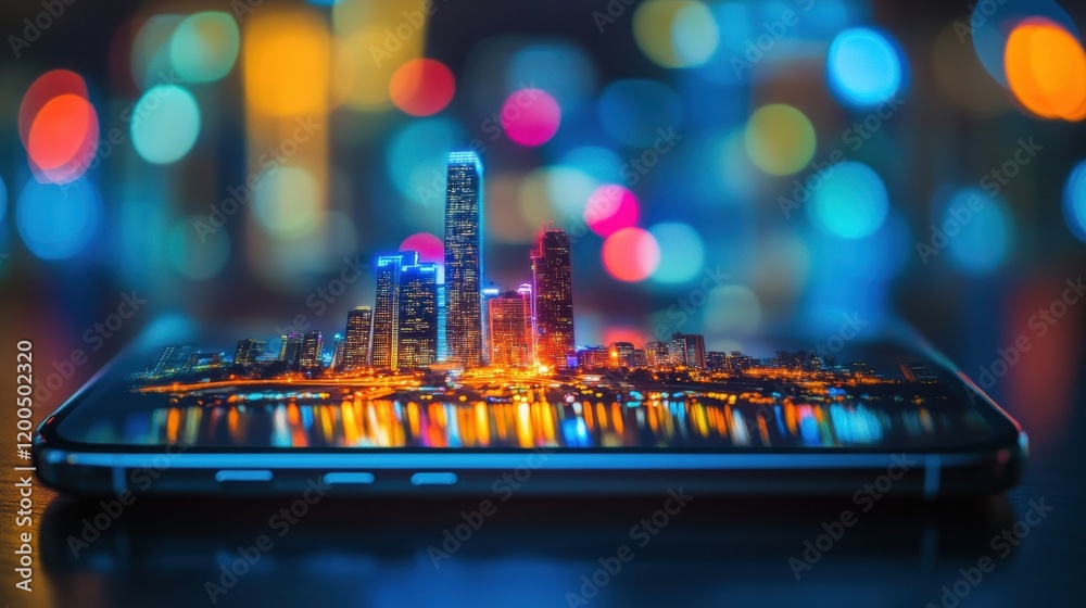 Poster tiny cityscape emerges from glowing smartphone screen in vibrant urban setting at night. generative 