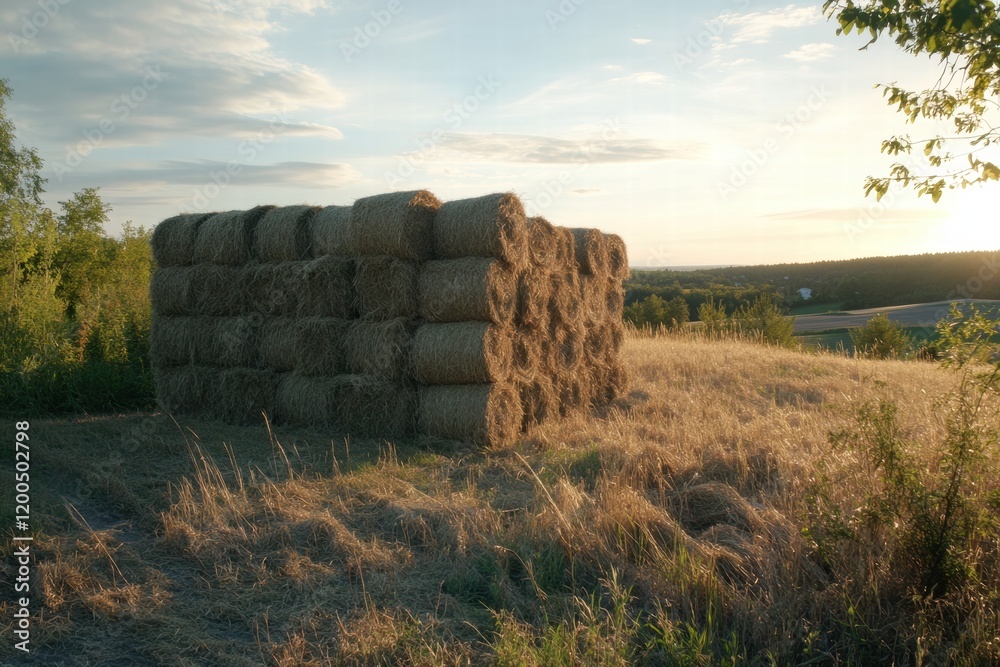 Poster sunset over a haystack in a rural landscape, showcasing straw bales stacked neatly in a field. gener