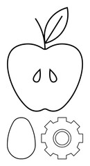 Apple with seeds, egg shape, and gear outline. Ideal for health, sustainability, technology, agriculture, innovation nature balance. Minimalistic abstract line flat metaphor
