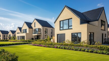 A modern sustainable housing development in the Netherlands, featuring warm beige brick and light wood homes with black roofs