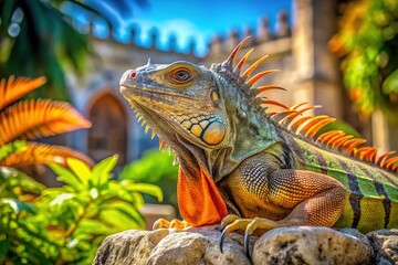 Fototapeta premium Iguana Sunbathing at Vizcaya Miami Gardens - Tropical Oasis