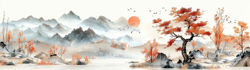 An elegant mural featuring an ink painting of autumn mountains and trees with vibrant orange foliage