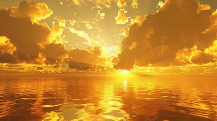 Golden clouds hovering above a still ocean at sunrise, their reflections creating a shimmering effect on the water