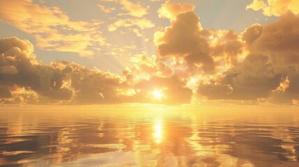 Golden clouds hovering above a still ocean at sunrise, their reflections creating a shimmering effect on the water