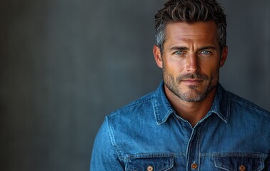 Confident Young Man in Denim Shirt Thinking Business Ideas Against Gray Background