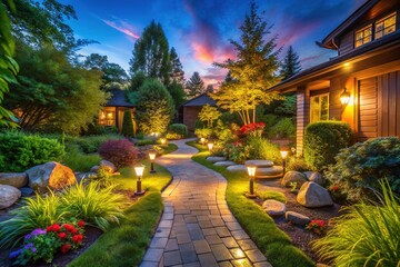 Fototapeta premium Illuminated Garden Path, Modern Outdoor Lighting, Backyard Pathway Design