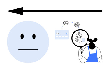 Neutral face alongside an arrow, woman analyzing financial transactions, money, credit card, magnifying glass. Ideal for customer feedback, service evaluation, transaction efficiency, emotional