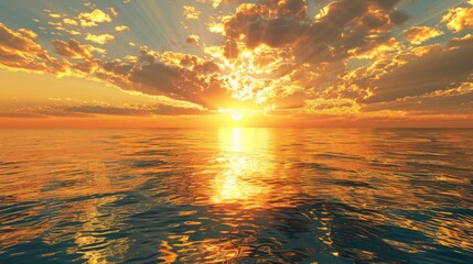 Golden clouds hovering above a still ocean at sunrise, their reflections creating a shimmering effect on the water