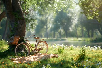 Obraz premium Sunny picnic by river, bike leaning on tree, nature background