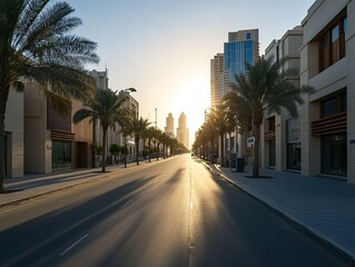 Sunrise over empty city street, palm trees, modern buildings.  Use travel, urban landscape
