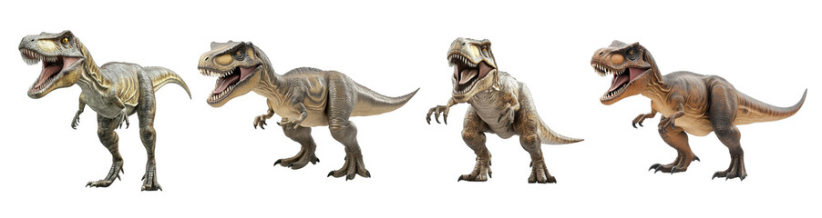 Obraz premium A dynamic illustration of various T-Rex dinosaur figures, showcasing their fierce expressions and detailed textures.