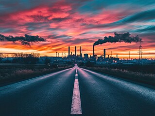 Obraz premium Sunrise over industrial plant, road leading to factory, pollution, vibrant sky, environmental impact, stock photo