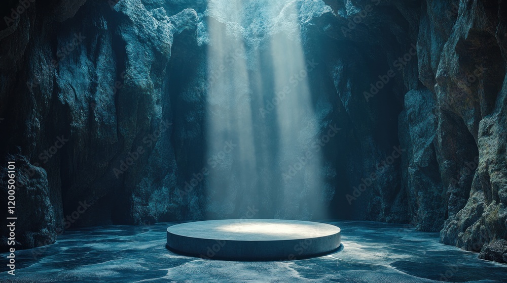 Poster minimalist podium display in dark cave with geometric stone background and dramatic spotlight
