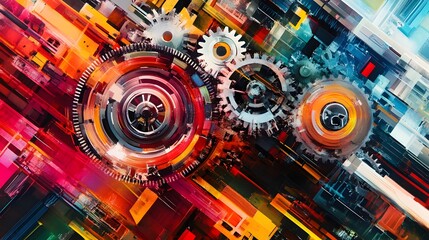 Obraz premium Abstract Colorful Gears and Geometric Shapes Intertwined