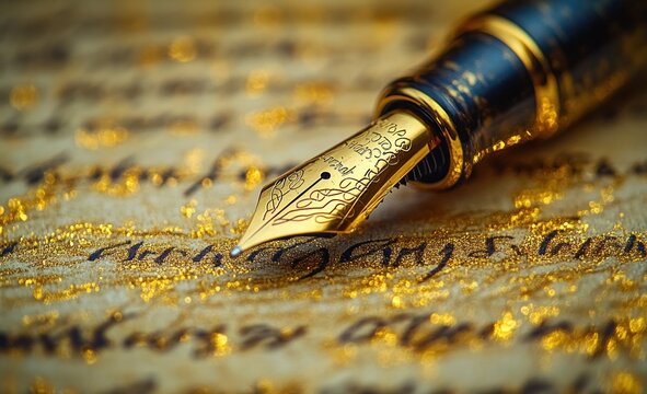 Elegant Fountain Pen Nib Over Handwritten Antique Letter with Golden Lighting