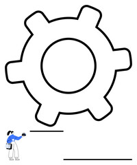Giant gear wheel with a worker in blue holding tools at the base. Ideal for teamwork, mechanics, engineering, business process, innovation, optimization, abstract line flat metaphor