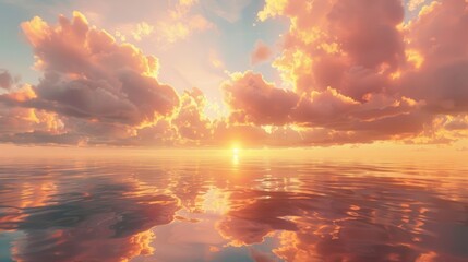 Fototapeta premium Golden clouds drifting above a still ocean at sunset, with the soft light creating a beautiful reflection on the water