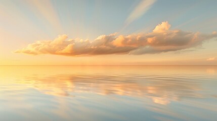 Golden clouds drifting above a tranquil sea at sunset, with the soft light creating a beautiful reflection on the water