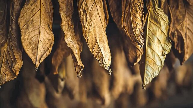 Dried Tobacco Leaves: A close-up of dried tobacco leaves hanging in a barn, revealing their intricate texture and rich brown hues.  The warm light illuminates the leaves.