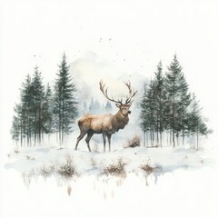 Obraz premium Winter Deer Landscape Watercolor Illustration for Christmas Greeting or Holiday Card