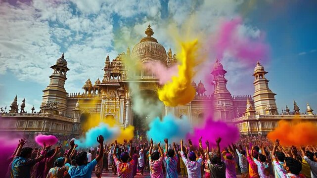 Holi Festival Celebration: Vibrant clouds of colored powder explode against the backdrop of a majestic palace during a lively Holi festival celebration.  A joyous crowd celebrates with raised hands.