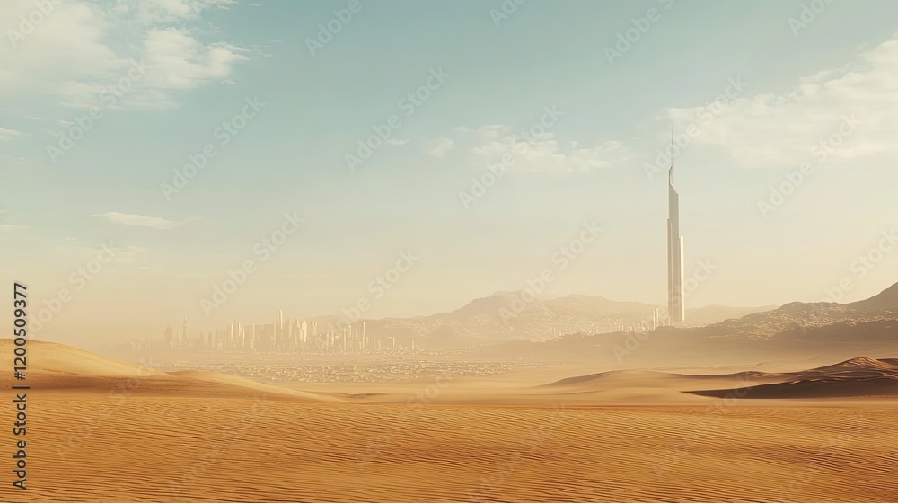 Wall mural Futuristic desert city skyline, hazy sunrise, distant tower, science fiction background, ideal for game design