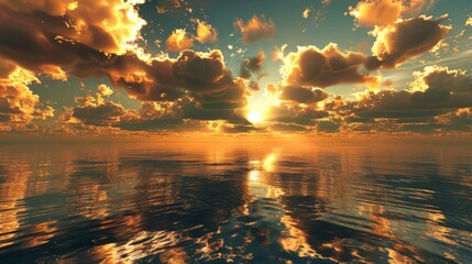 Golden clouds hovering above a calm ocean at dusk, their reflections creating a mirror-like effect on the water