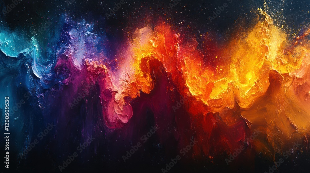 Poster Vibrant Abstract Colorful Paint Splash with Dynamic Fluid Shapes and Bright Light on White Background