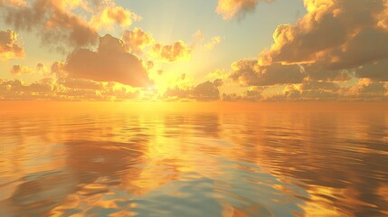 Golden clouds hovering above a calm ocean at sunrise, their reflections creating a shimmering effect on the water