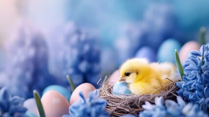 Cute chick in nest with colored eggs on light pastel blurred background with lights and flowers. Poultry farm, farming and eco food. Easter and spring holidays concept with copy space