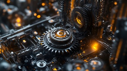 Fototapeta premium Intricate Gear System Illuminated With Orange Glow
