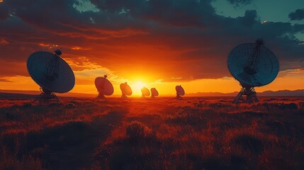 Sunset over radio telescopes, desert landscape, astronomy research