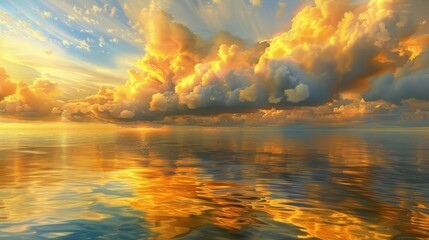 Golden clouds hovering above a still ocean at dusk, their reflections creating a mirror-like effect on the water