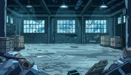 An abandoned warehouse with broken windows, wooden crates, and debris on the floor.