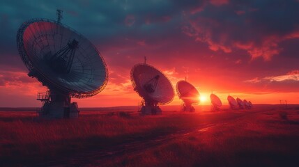 Sunset over radio telescopes in field