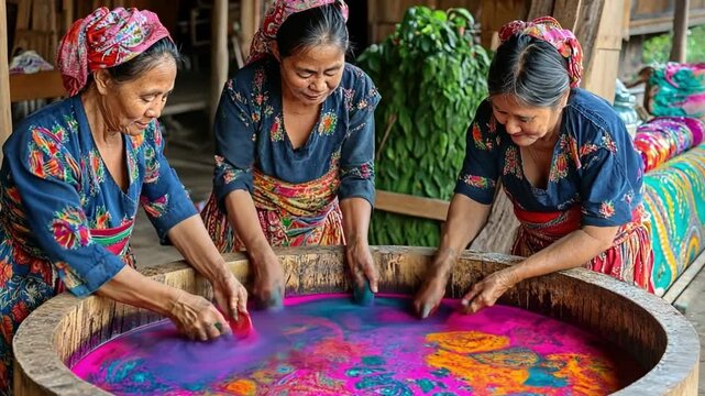 Indonesian Textile Tradition: Three women, dressed in vibrant traditional attire, work together to dye fabric in a large wooden vat filled with vibrant colors.
