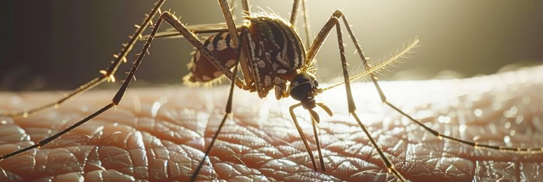 Mosquito Close Up On Human Skin In Natural Sunlight, Ready To Bite And Spread Diseases