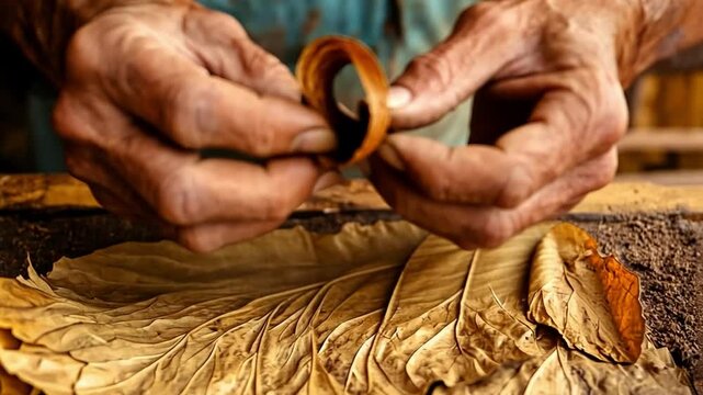 Crafting a Cigar: Close-up of weathered hands expertly rolling a premium cigar using dried tobacco leaves, showcasing the intricate skill and artistry of traditional cigar making. 