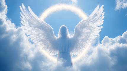 Ethereal angelic figure with flowing robes made of white mist, standing in a glowing halo of light 