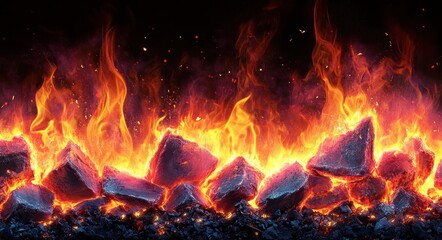 Fototapeta premium Fiery Charcoal Flames for Barbecue Cooking and Grill Background
