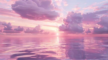 Soft lavender and pink clouds hovering over a still sea at dawn, blending harmoniously with the water's surface