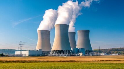 An expansive nuclear power plant with cooling towers emitting steam against a backdrop of clear blue skies, Nuclear power plant scene, Energy generation style